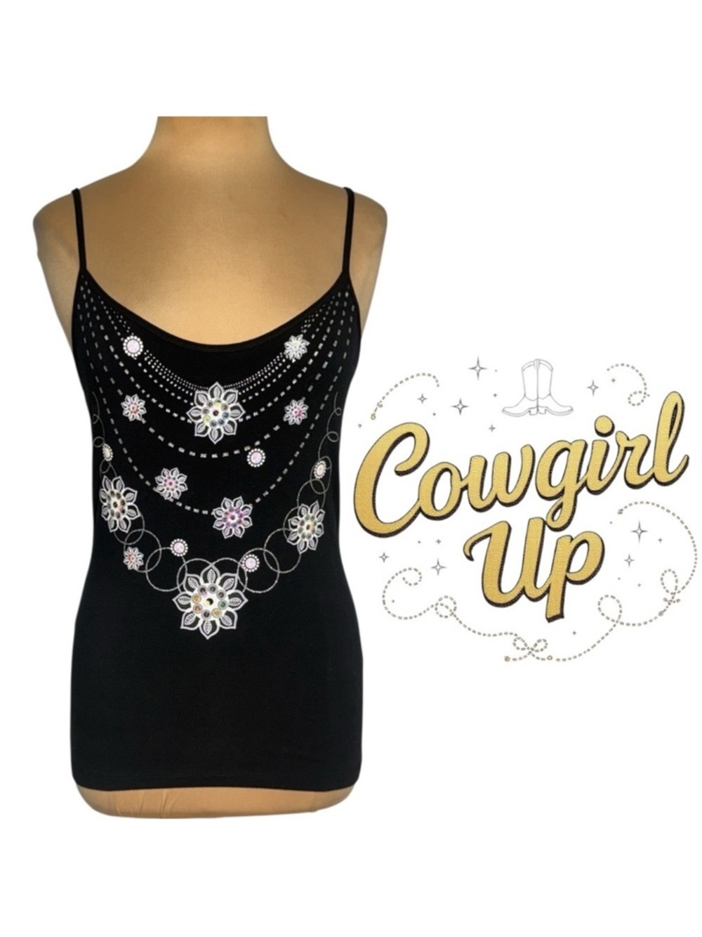 Y2K Cowgirl Up black glittery sequin cami tank top vintage deadstock